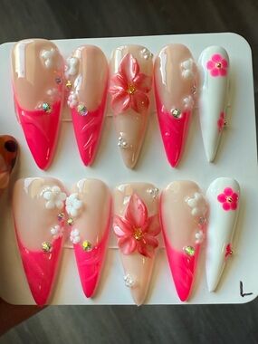 Hot Pink Floral Stiletto Press-On Nails